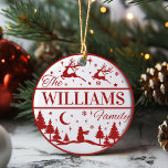 Custom Family Name Classic Christmas Keepsake Ceramic Ornament<br><div class="desc">Add a classically festive touch to your Christmas tree this year with a personalised ornament that can be passed down for generations. This fun, yet traditional, red and white design features reindeer flying above a pine filled snow-scape with a lone snowman standing guard. Personalise by adding your last name. Makes...</div>