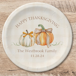 Custom Family Name Cute Pumpkin Bows Thanksgiving Paper Plate