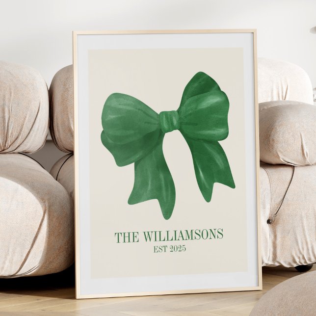 Custom Family Name Est Date Coquette Green Bow  Poster (Creator Uploaded)