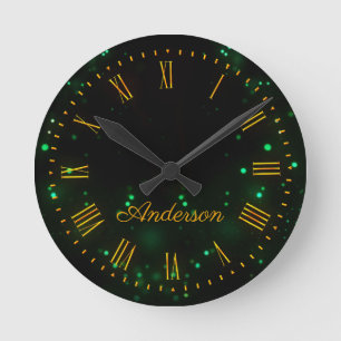 Custom Family Name Green Bokeh Lights Elegant Round Clock