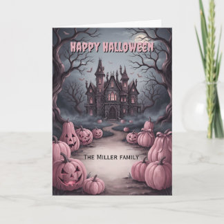 Custom Family Name Haunted Castle & Pink Pumpkins Card