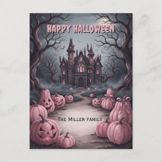 Custom Family Name Haunted Castle & Pink Pumpkins Postcard