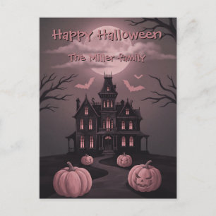 Custom Family Name Haunted Mansion & Pink Moon Holiday Postcard