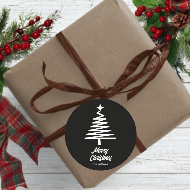 custom Family Name Merry Christmas Black White Classic Round Sticker (Creator Uploaded)