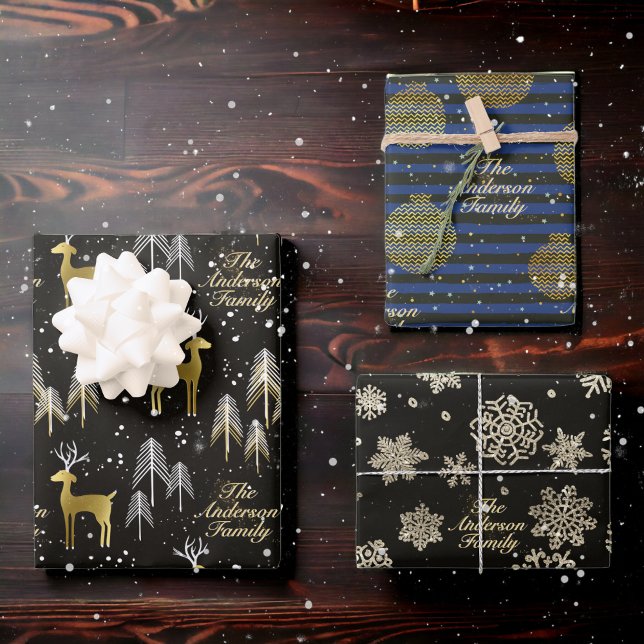 Custom Family Name Metallic Gold Christmas Gift Wrapping Paper Sheet (Creator Uploaded)