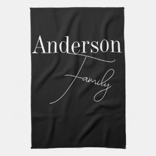 Custom Family Name Modern Black and White Tea Towel