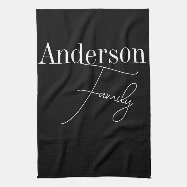 Custom Family Name Modern Black and White Tea Towel (Vertical)