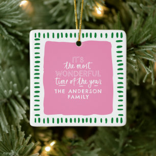 Custom Family Name Modern Pink & Green Christmas Ceramic Ornament