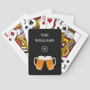 Custom Family name & Monogram Beer themed black Playing Cards