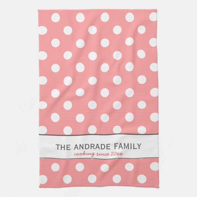 Custom Family Name on Pink Polka Dot Kitchen Towel (Vertical)