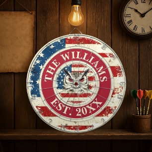 Custom Family Name Owl Rustic US Flag 4th Of July Dartboard