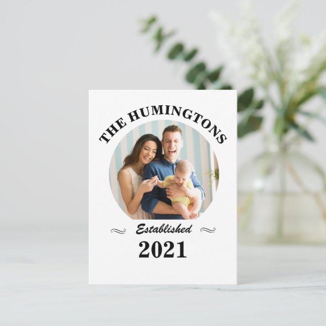 Custom family name, photo and year established  postcard (Standing Front)