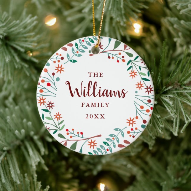 Custom Family Name Photo Christmas Holiday Floral Ceramic Ornament (Tree)