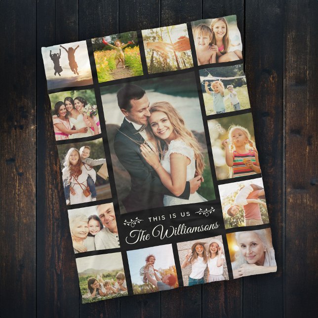 Custom Family Name Photo Collage Modern Gift Black Fleece Blanket (Creator Uploaded)