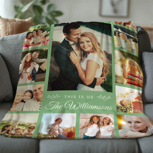 Custom Family Name Photo Collage Modern Gift Green Fleece Blanket
