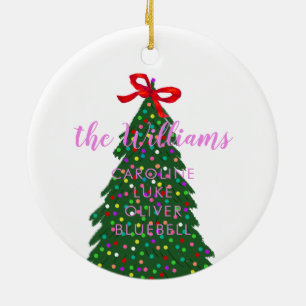 Custom Family Name Pink Christmas Tree Ceramic Ornament