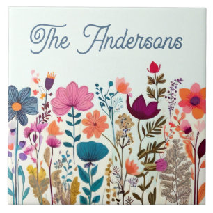 Custom Family Name Plate Plaque Sign Wildflowers Ceramic Tile