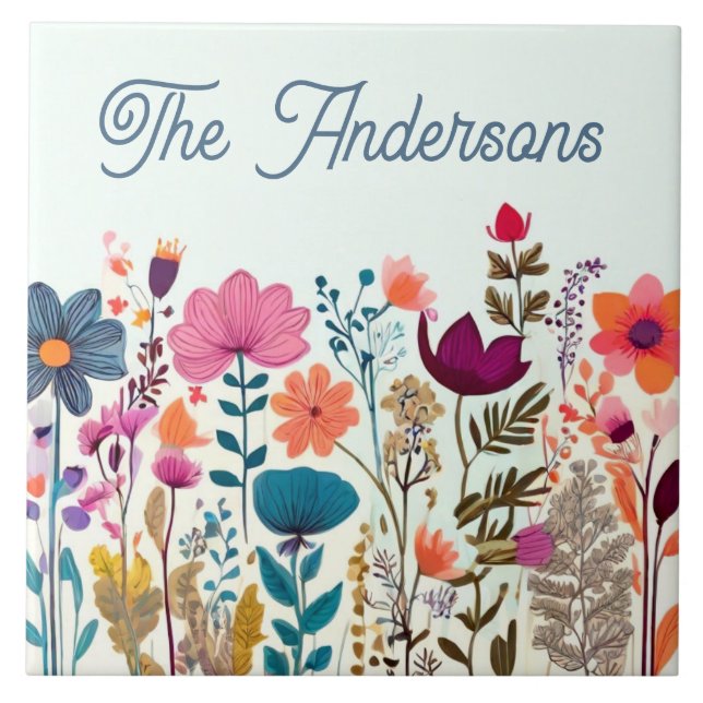 Custom Family Name Plate Plaque Sign Wildflowers Ceramic Tile (Front)