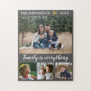 Custom Family Name Quote 4 Photo Collage Gray Jigsaw Puzzle