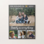 Custom Family Name Quote 4 Photo Collage Grey Jigsaw Puzzle<br><div class="desc">Custom photo collage puzzle to personalise with 4 photographs.Personalise with family name and year.The "Family is Everything" quote adds a unique touch to the photo jigsaw puzzle.The family photo collage jigsaw puzzle is perfect for solo or family time activity. Jigsaw puzzles help you relax and relieve your stress. The latest...</div>