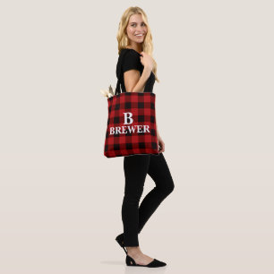 Custom Family Name Red Tartan Tote Bag
