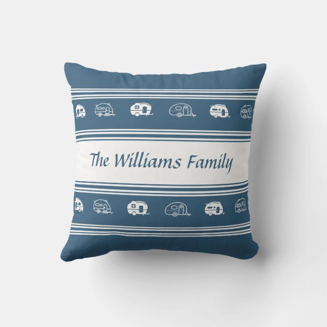 Custom Family Name Retro Campers in Blue and White Cushion (Back)