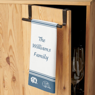 Custom Family Name Retro Campers in Blue and White Tea Towel