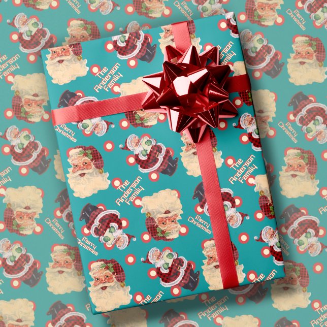 Custom Family Name Retro Santa Claus Christmas Wrapping Paper (Creator Uploaded)