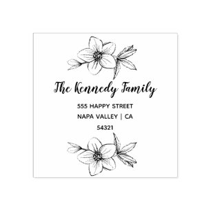Custom Family Name Return Address Flowers & Script Rubber Stamp