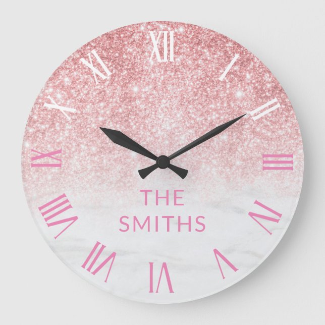 Custom Family Name Rose Gold Glitter and Marble Large Clock (Front)