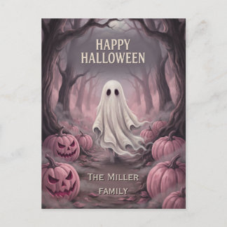 Custom Family Name Spooky Ghost & Pink Pumpkins Holiday Postcard