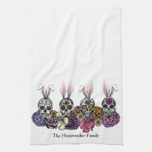 Custom Family Name Sugar Skull Bunnies Easter Gift Tea Towel