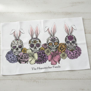 Custom Family Name Sugar Skull Bunnies Easter Gift Tea Towel