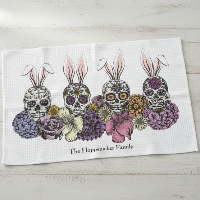 Custom Family Name Sugar Skull Bunnies Easter Gift Tea Towel (Sugar Skull Bunny Kitchen Towel for Easter. Colorful Calavera with Rabbit Ears Illustration in Black)