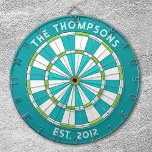 Custom Family Name Teal Blue White Dartboard<br><div class="desc">Personalise this red,  pink,  and white dartboard with your family name and established date. Designed for you by Blackberry Boulevard.</div>