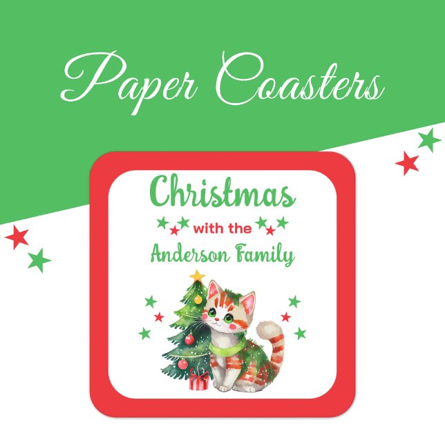 Custom family name tree and cat red Christmas Square Paper Coaster (Creator Uploaded)