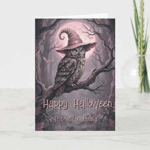 Custom Family Name Vintage Owl & Pink Moon Card