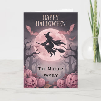 Custom Family Name Vintage Witch & Pink Moon Card