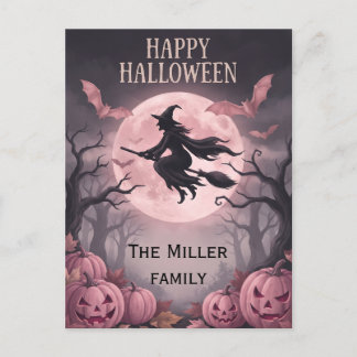 Custom Family Name Vintage Witch & Pink Moon Holiday Postcard