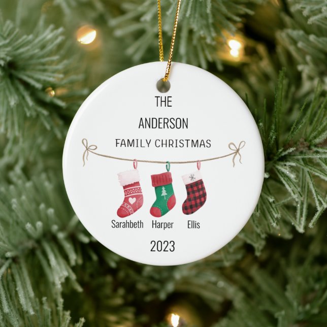 Custom Family of 3 Stockings Name & Year Christmas Ceramic Ornament (Tree)