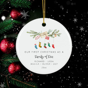 Custom Family Of Five Holly Stockings Christmas  Ceramic Ornament