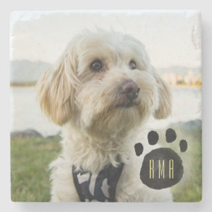Custom Family Pet Photo   Monogrammed Stone Coaster