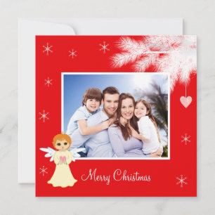 Custom Family Photo & Angel on Red Christmas