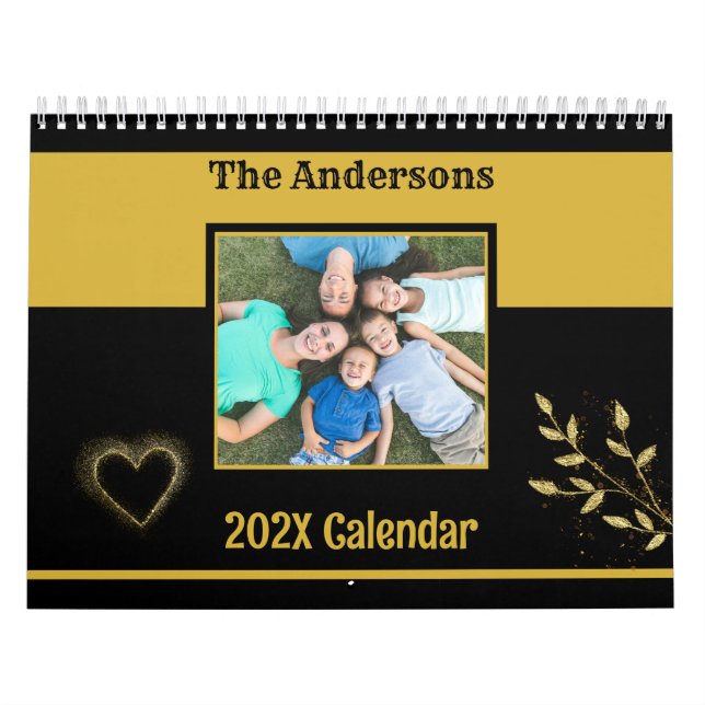 Custom Family Photo Black and Gold  Calendar (Cover)