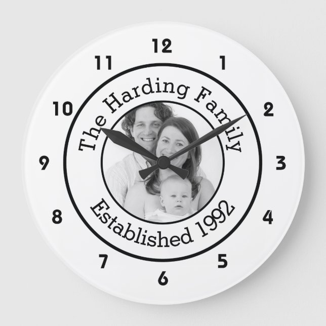 Custom Family Photo Black and White Large Clock (Front)