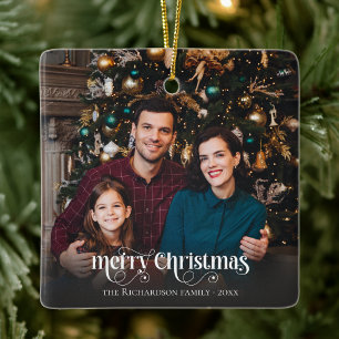 Custom Family Photo Calligraphy Script Christmas Ceramic Ornament