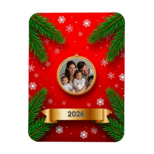 Custom Family Photo Christmas Frame Pine Branch Magnet