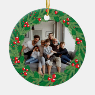 Custom Family Photo Christmas Holly Wreath Gift Ceramic Ornament