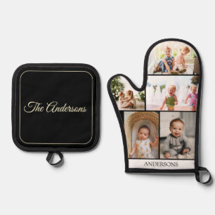 Custom Family Photo Collage Black Oven Mitt & Pot Holder Set
