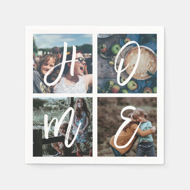 Custom Family Photo Collage Brush Script HOME Napkin (Front)